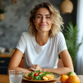 Eine junge Frau sitzt in die Kamera lächelnd an einem Tisch. Vor ihr sehr gesund aussehendes Essen, ein Glas Wasser und etwas Obst.